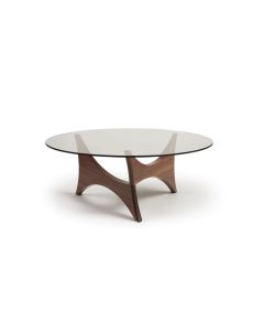 American furniture Copeland Statements Pivot walnut round glass top cocktail table
