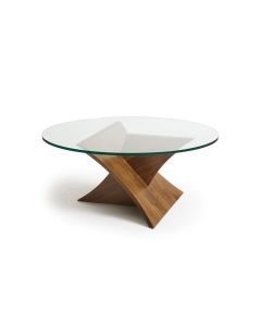 American furniture Copeland Statements Pivot walnut round glass top cocktail table